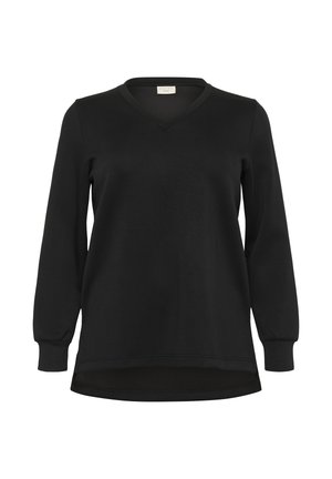 Chemise noire à manches longues en V avec des poignets côtelés et un ourlet légèrement arrondi, présentée sur un fond blanc.