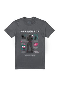 Gray cotton t-shirt featuring graphic illustrations and text related to "Squid Game," including a character in a black suit and pink accents.