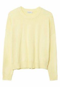 Pull en tricot jaune clair avec un col rond, des manches longues, un ourlet côtelé et une coupe décontractée avec des fentes latérales en bas.