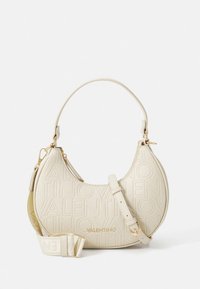 Bézs bőr kézitáska dombornyomott "VALENTINO" logóval, kerekített formával, rövid felső fogóval és levehető, állítható vállpánttal.