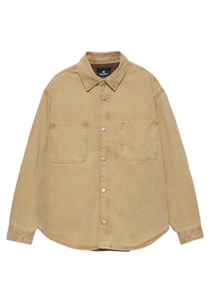 Lysebrun langærmet skjorte med knapper, to brystlommer foran og klassisk krave, lavet af denim-lignende stof.