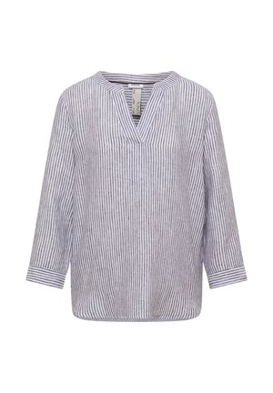Langärmlige, gestreifte Leinenbluse mit V-Ausschnitt und Manschettenärmeln in weißen und grauen vertikalen Streifen.