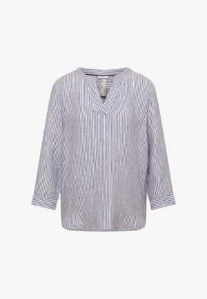 Pitkähihaisen, raidallisen pellavapuseron V-kaula-aukko ja kalvosinvarret, valkoisena ja harmaana pystysuorina raitoja.