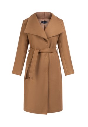 Bruine wolmix trenchcoat met een grote kraag, lange mouwen, een ceintuur in de taille en knopen aan de voorkant. Bevat zijzakken en heeft een soepele textuur.