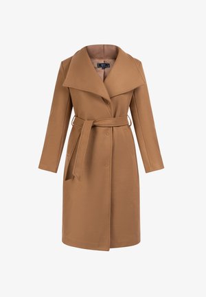 Hnědý trenčkot z vlněné směsi s velkým límcem, dlouhými rukávy, opaskem v pase a knoflíky vpředu. Obsahuje boční kapsy a hladký povrch.