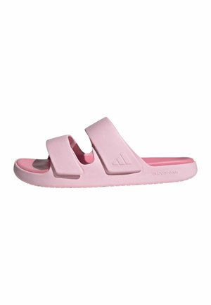 Roze slidesandaal met twee verstelbare bandjes en een textuurzool, met een gewatteerd voetbed met het label 'Cloudfoam' voor comfort.