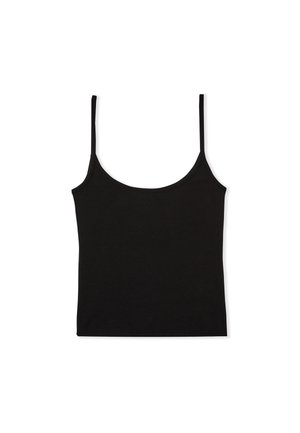 Top camisol noir en tissu doux. Dispose de fines bretelles réglables et d'un décolleté arrondi. Design simple et sans couture, sans motifs.
