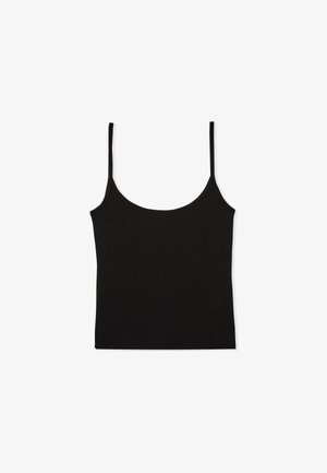 Top camisol noir en tissu doux. Dispose de fines bretelles réglables et d'un décolleté arrondi. Design simple et sans couture, sans motifs.