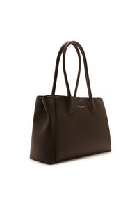 Dark brown leather tote bag with two long handles, smooth texture, and a subtle embossed logo on the front. Structured shape with rounded edges.