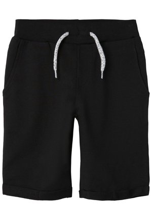Sorte afslappede shorts med opviklede kanter, elastisk talje og hvid snor, med sidelommer.