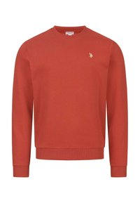 Roter Rundhals-Sweatshirt aus einem Baumwoll-Mischgewebe. Verfügt über gerippte Bündchen und Saum sowie einem kleinen goldenen Logo-Akzent auf der linken Brust.
