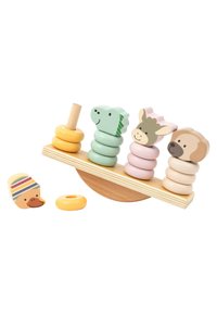 Wooden balancing toy with four colorful animal heads and stacked rings in pastel colors. Features a light wooden base and a cheerful duck figure.
