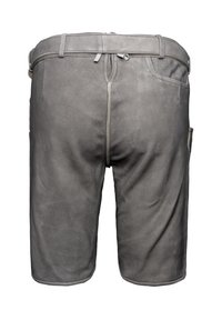 Graue Wildleder-Shorts mit einem Taillengummi, Gürtelschlaufen und einer Gesäßtasche. Glatte Textur und gerades Bein Design. Keine sichtbaren Muster.