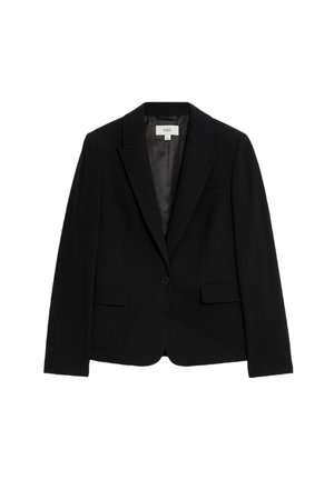 Schwarze Blazer aus maßgeschneideter Stoff, mit einem Knopfverschluss, zwei Vorderaschen und einem Reverskragen. Glatte Innenauskleidung.