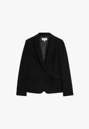 Sort blazer lavet af skræddersyet stof, med en enkelt knaplukning, to forlommer og reverskrave. Glat indvendig foring.