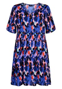V-pääkohdan, lyhythihainen mekko kevyestä, sileästä kankaasta. Sininen, vaaleanpunainen ja punainen abstrakti kuvio. Joustava vyötärö, rento istuvuus.