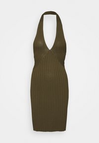 Abito aderente a maglia verde oliva con scollatura a V profonda e design a halter. Presenta una texture a costine verticali e una silhouette sagomata.