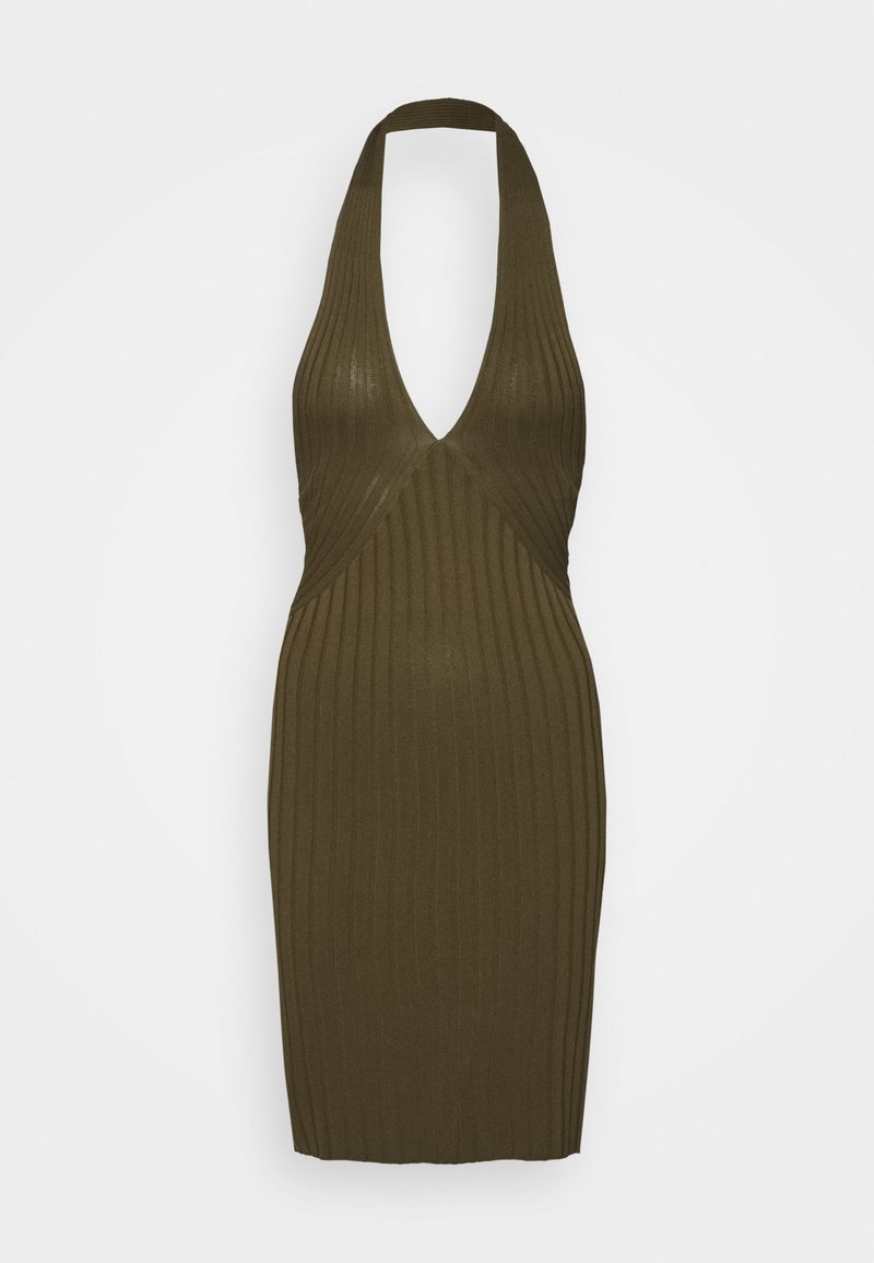Abito aderente a maglia verde oliva con scollatura a V profonda e design a halter. Presenta una texture a costine verticali e una silhouette sagomata.