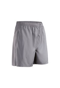 Graue Sportshorts mit einem elastischen Bund, zwei seitlichen Taschen und einer glatten Textur, entworfen für Komfort und Beweglichkeit.