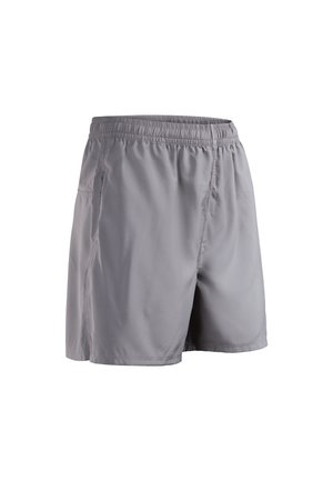 Pantaloni sportivi grigi con cintura elastica, due tasche laterali e una texture liscia, progettati per il comfort e la mobilità.