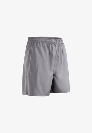 Grijze sportshorts met een elastische tailleband, twee zijzakken en een soepele textuur, ontworpen voor comfort en bewegingsvrijheid.