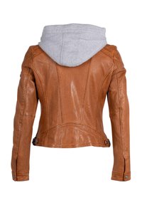 Bruine leren jas met een grijze capuchon. Heeft een aansluitend ontwerp, paneelstiksel en drukknoopsluitingen op de taille en manchetten.