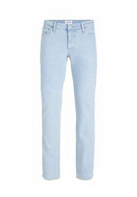 Jeans de denim azul claro con un diseño de pierna recta, que cuentan con un cierre de botón y cremallera, cinco bolsillos y detalles de costura.