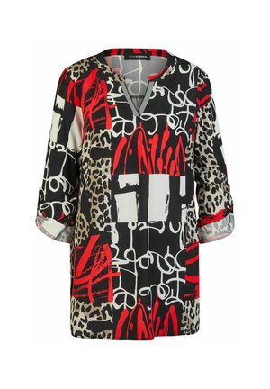 Langärmlige Bluse mit umgeschlagenen Bündchen, mit einem markanten abstrakten Muster in Schwarz, Rot, Weiß und beigem Leopardenmuster.