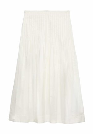 Witte geplooide midi-rok met hoge taille en subtiele textuur, vloeiende stof en een lichte uitlopende zoom.