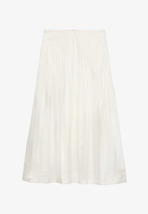 Witte geplooide midi-rok met hoge taille en subtiele textuur, vloeiende stof en een lichte uitlopende zoom.