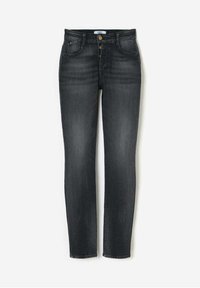 Slim-fit zwarte denim jeans met een vijf-pocket ontwerp, knoopsluiting en subtiele vervaging op de benen. Gladde textuur.