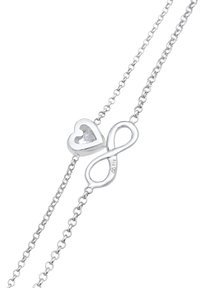 Pulsera de plata con un charm en forma de corazón que tiene una piedra transparente y un símbolo de infinito. Los eslabones de la cadena son finos y delicados en diseño.