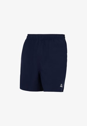 Mørkeblå svømmebukser lavet af letvægtsstof, med elastisk talje og logodetalje i nederste venstre hjørne.