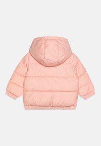 Giacca per bambini imbottita di colore rosa chiaro con cappuccio, polsini ed orlo elasticizzati, vista da dietro su uno sfondo bianco.