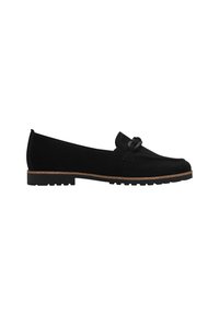 Musta nukka loafers, joissa on teksturoitu pinta, solmittu yksityiskohta ja matala, rosoinen pohja, jossa on korkkikohta.