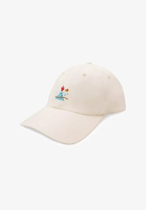 Kremowa czapka bejsbolowa wykonana z bawełny, z kolorowym, haftowanym wzorem ptaka i akcentami z przodu.