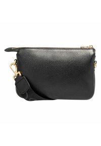 Borsa a tracolla nera in pelle con finitura testurizzata, hardware dorato, chiusura con zip e tracolla removibile con motivo logo. Design compatto.