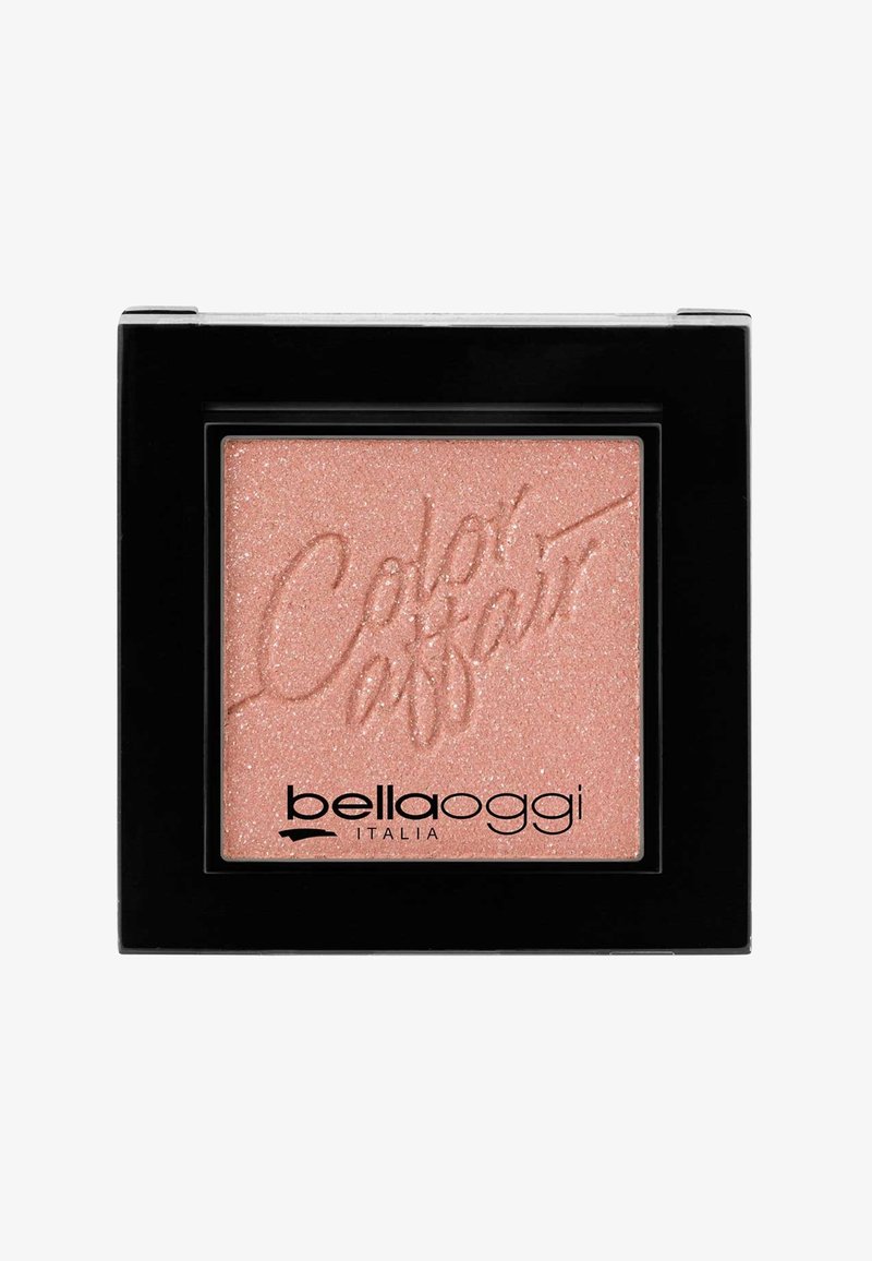 Blush in polvere compatta pressata in una confezione quadrata nera, presenta un colore rosa tenue con un leggero scintillio e un dettaglio in rilievo del logo.