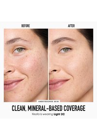 Iho ennen ja jälkeen mineraalipohjaisen peiton levityksen, näyttää tekstuurin ja sävyn erot. Iho on sileämpi ja virheetön kuvassa jälkikäteen.