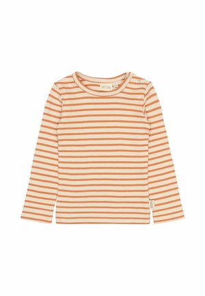 Lange mouwen shirt in crème met oranje horizontale strepen. Geribbelde textuur, ronde halslijn met een drukknoop op de schouder. Katoenen materiaal.