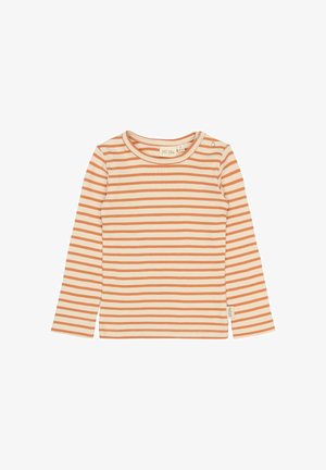 Lange mouwen shirt in crème met oranje horizontale strepen. Geribbelde textuur, ronde halslijn met een drukknoop op de schouder. Katoenen materiaal.