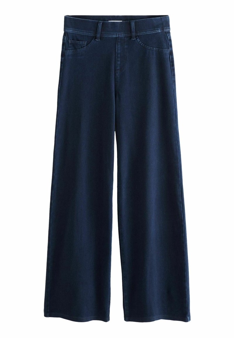 Jean denim bleu foncé à jambes larges avec poches avant et passants de ceinture, présenté à plat sur fond blanc.
