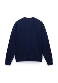 Navyblauwe sweatshirt met lange mouwen, ronde hals, ribgebreide manchetten en onderkant, gemaakt van een zachte stof met een schone, gladde textuur.