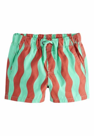 Šortky s elastickým pásom, s vlnovitými pruhmi v tyrkysovej a hrdzavej farbe, prednými vreckami a tyrkysovým sťahovacím šnúrkou.