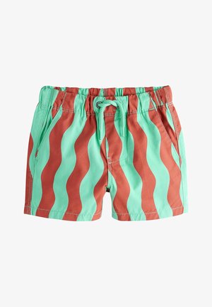 Shorts med elastisk talje med bølgede striber i blågrøn og rustfarve, forlommer og snøre i blågrøn til at lukke.