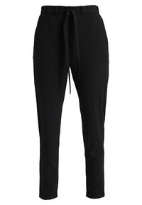 Pantalons noirs fuselés avec taille à cordon, fabriqués en matériau léger. Présentent des poches latérales et une texture lisse.