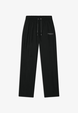 Pantaloni sportivi neri con elastico in vita, cordino e tasche laterali; presenta il logo ricamato "FREDDY" sul davanti.