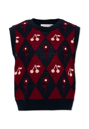 Gilet in maglia senza maniche con motivo a diamante blu navy e bordeaux con ciliegie rosa e fiori rossi.
