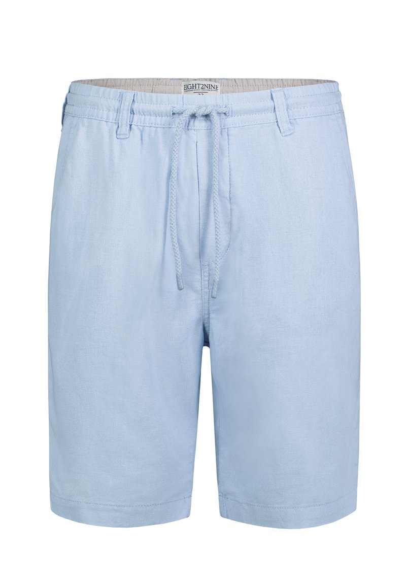 Helle blaue Shorts aus weichem Stoff, mit einem elastischen Bund und Kordelzug, Gürtelschlaufen und geradem Schnitt. Keine Taschen.