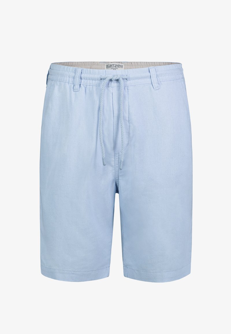 Helle blaue Shorts aus weichem Stoff, mit einem elastischen Bund und Kordelzug, Gürtelschlaufen und geradem Schnitt. Keine Taschen.
